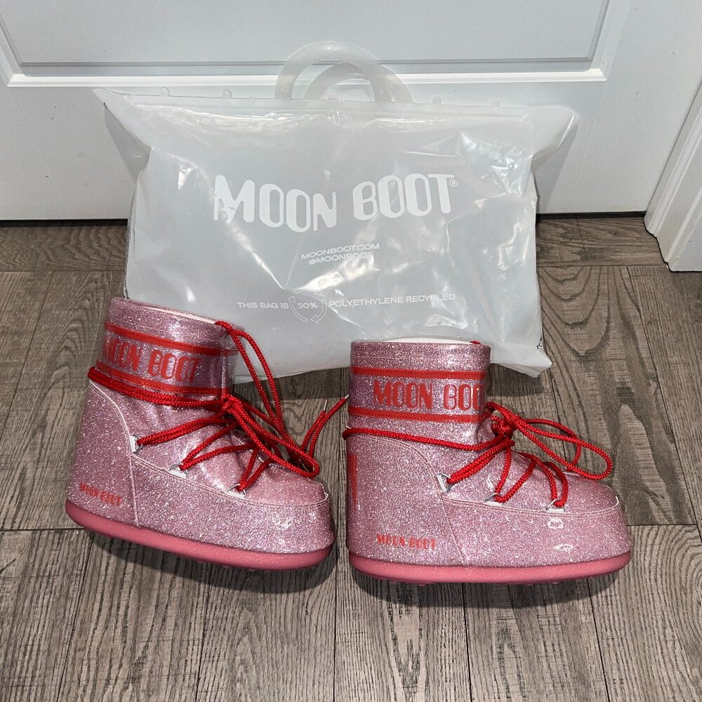 NWT Moon Boot Icon Low PINK Glitter Lace-Up - 39/41 or 8/9.5